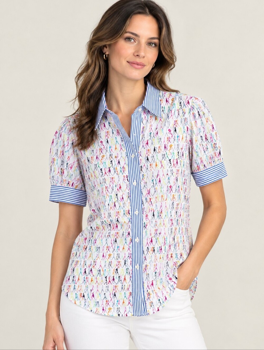 Robert Graham White Blouse with Multicolor Figure Print and Blue Stripe Trim